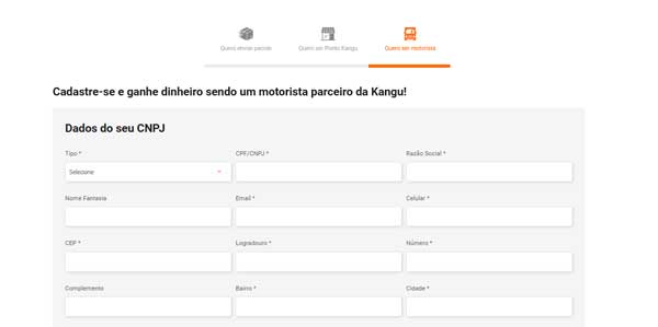 Imagem da página de cadastro para ser um motorista da Kangu